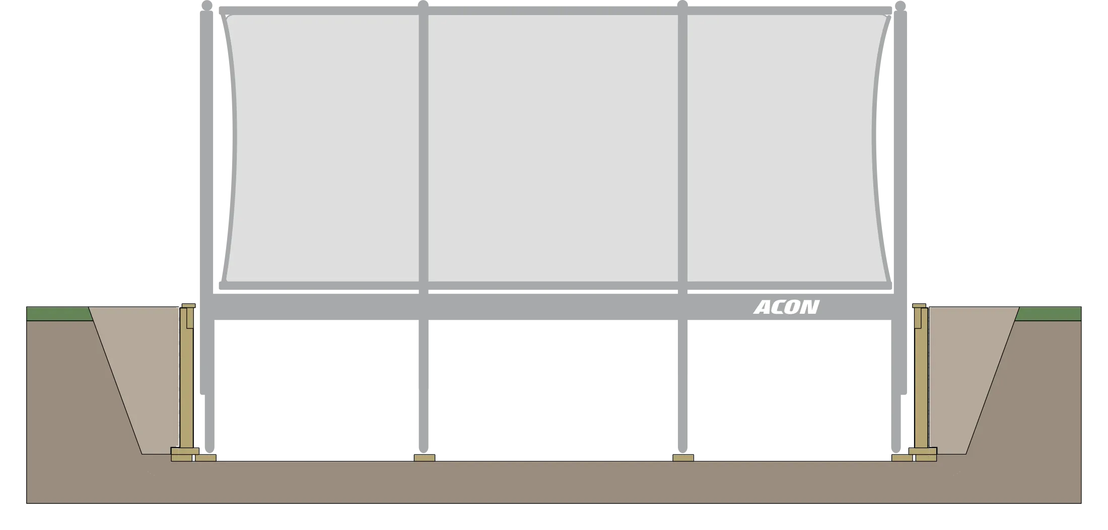 Havainnekuva suorakulmaisen Acon HD -trampoliinin maa-asennuksesta.